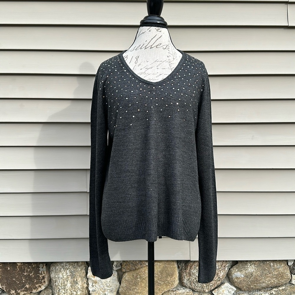 Karen Scott Charcoal Gray Embellished V-Neck Sweater